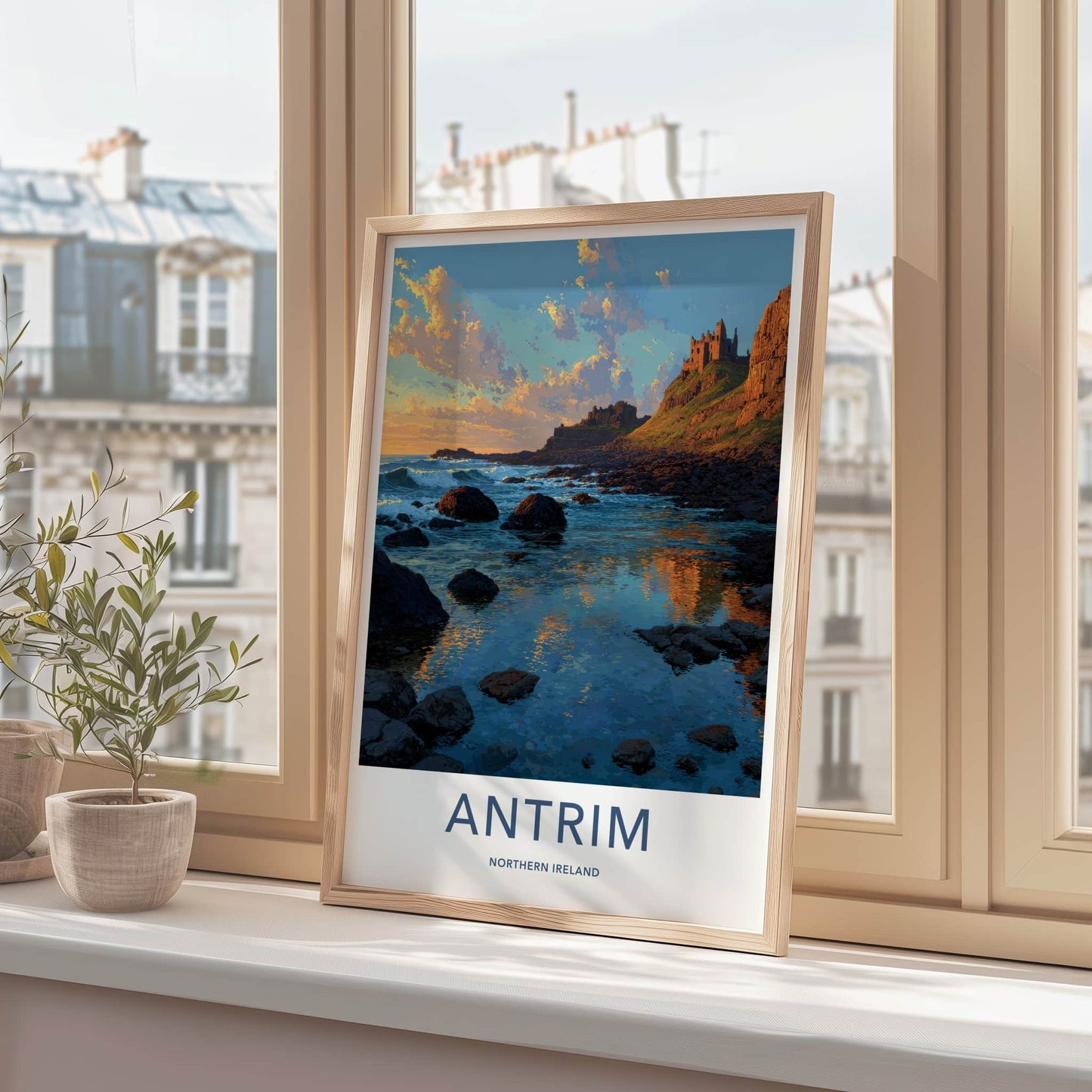 Antrim Poster - Northern Ireland Travel Art - Coastal Castle Sunset Home Decor