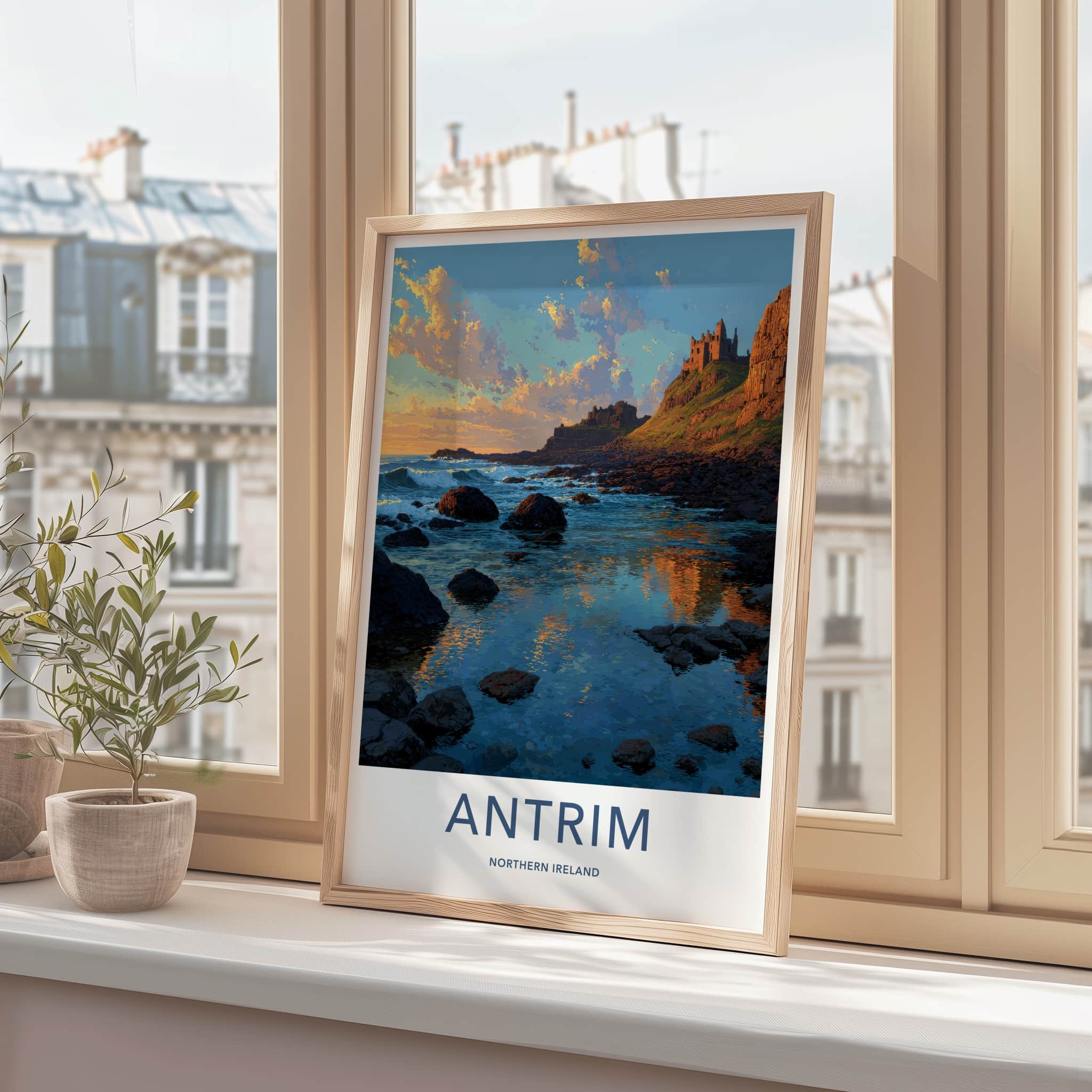 Antrim Poster - Northern Ireland Travel Art - Coastal Castle Sunset Home Decor
