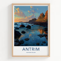 Antrim Poster - Northern Ireland Travel Art - Coastal Castle Sunset Home Decor