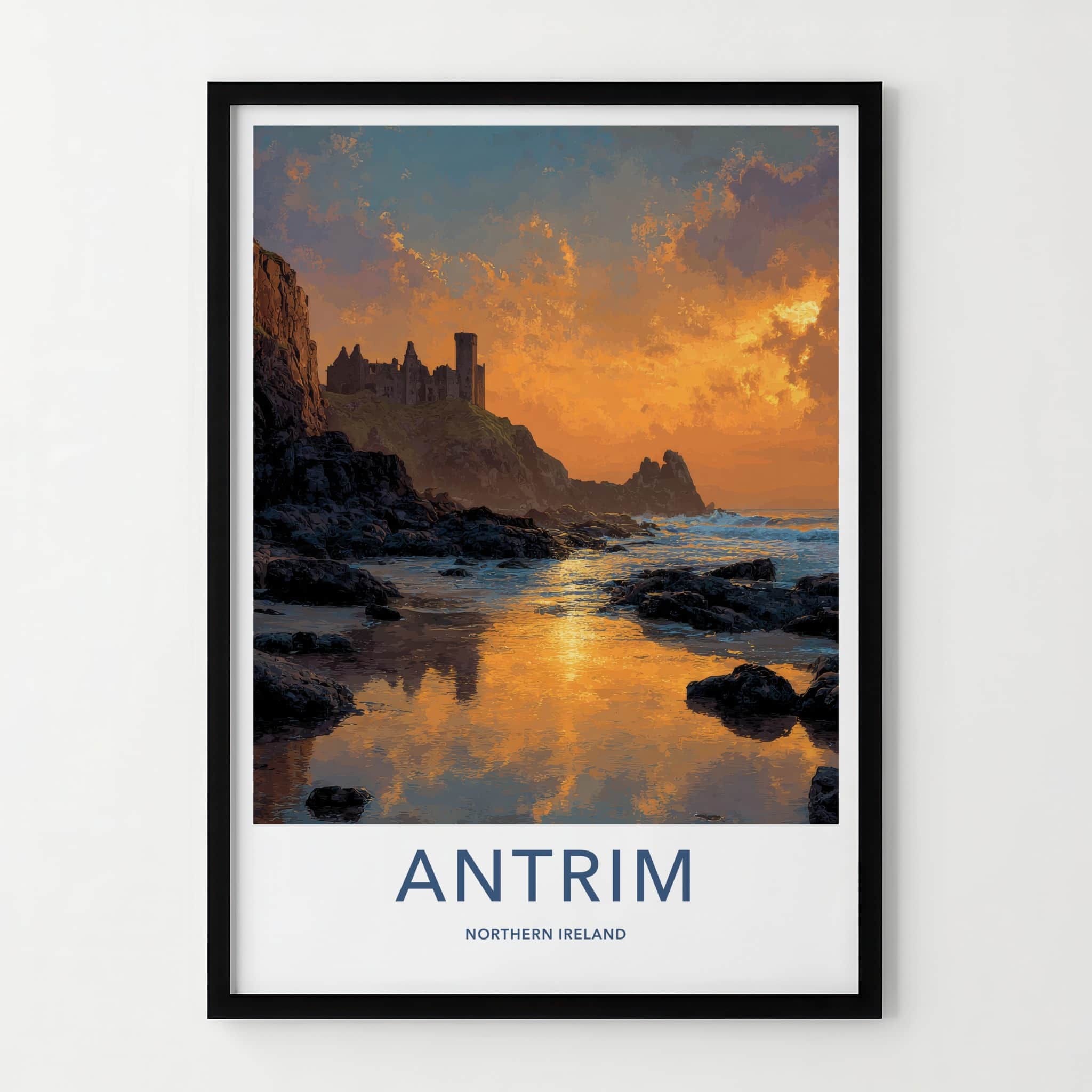 Antrim Poster - Northern Ireland Travel Art - Fiery Sky Castle Home Decor