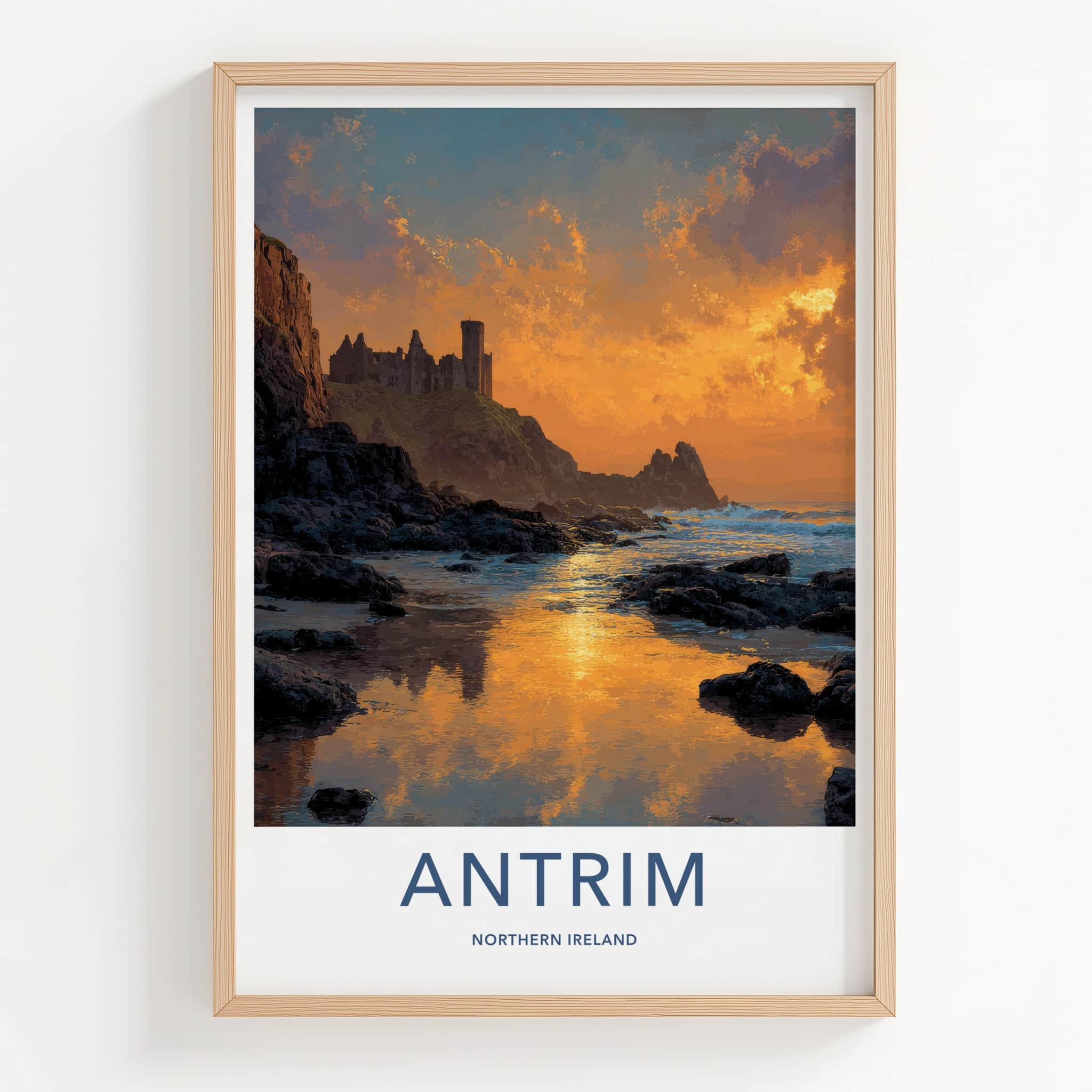 Antrim Poster - Northern Ireland Travel Art - Fiery Sky Castle Home Decor