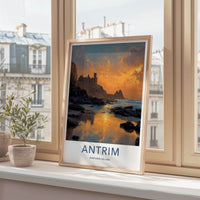 Antrim Poster - Northern Ireland Travel Art - Fiery Sky Castle Home Decor
