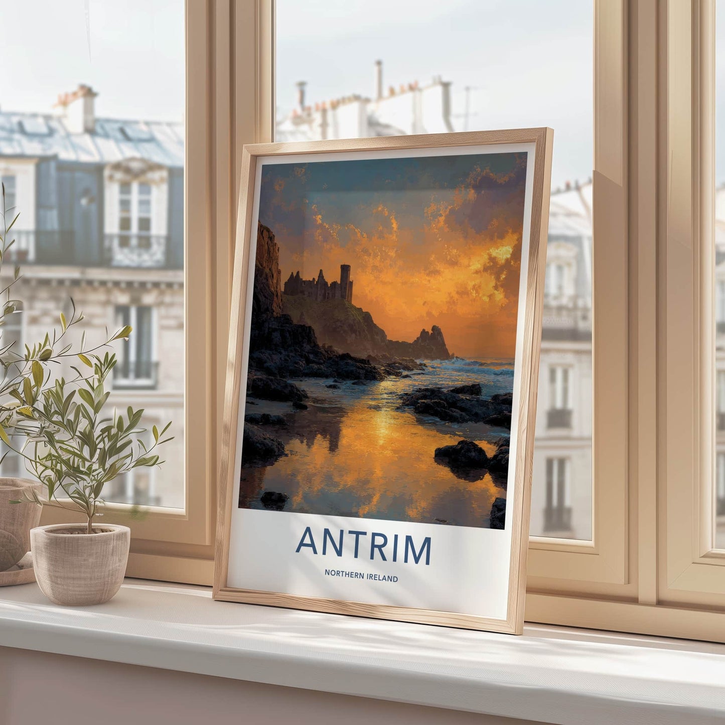 Antrim Poster - Northern Ireland Travel Art - Fiery Sky Castle Home Decor