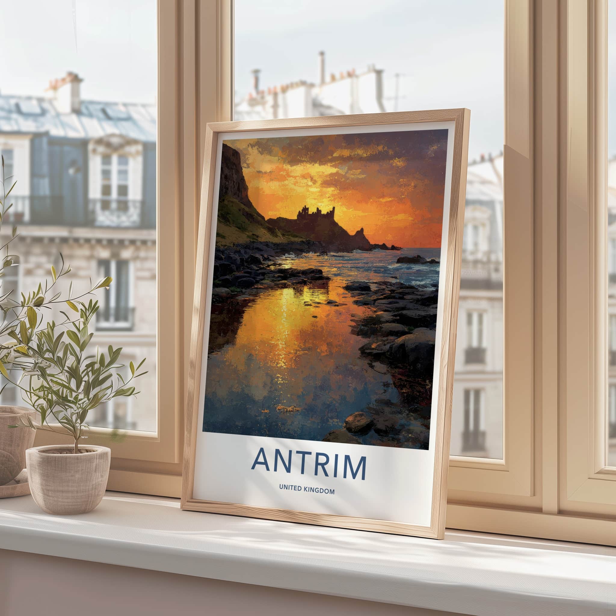 Antrim Poster - United Kingdom Travel Art - Castle Sunset Reflections Wall Decor