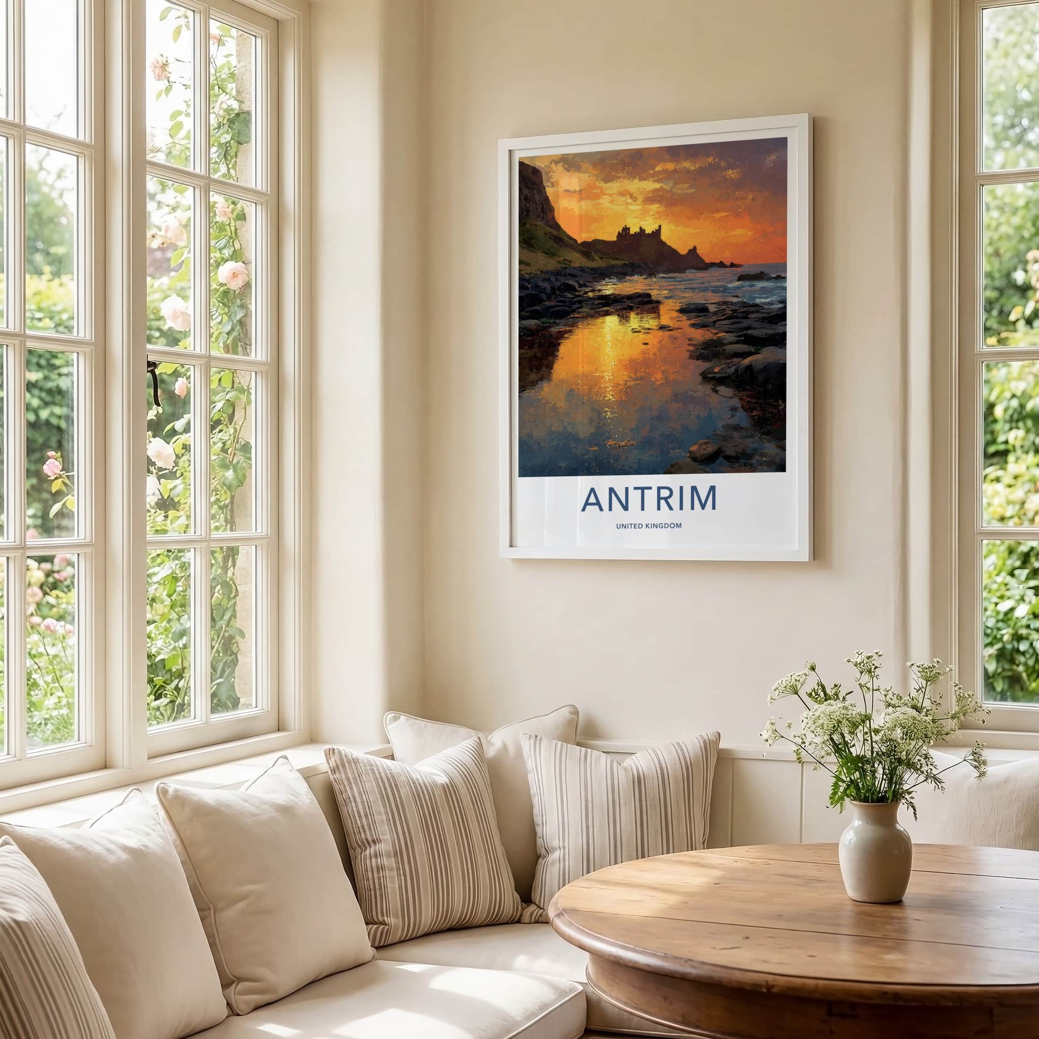 Antrim Poster - United Kingdom Travel Art - Castle Sunset Reflections Wall Decor