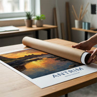 Antrim Poster - United Kingdom Travel Art - Castle Sunset Reflections Wall Decor
