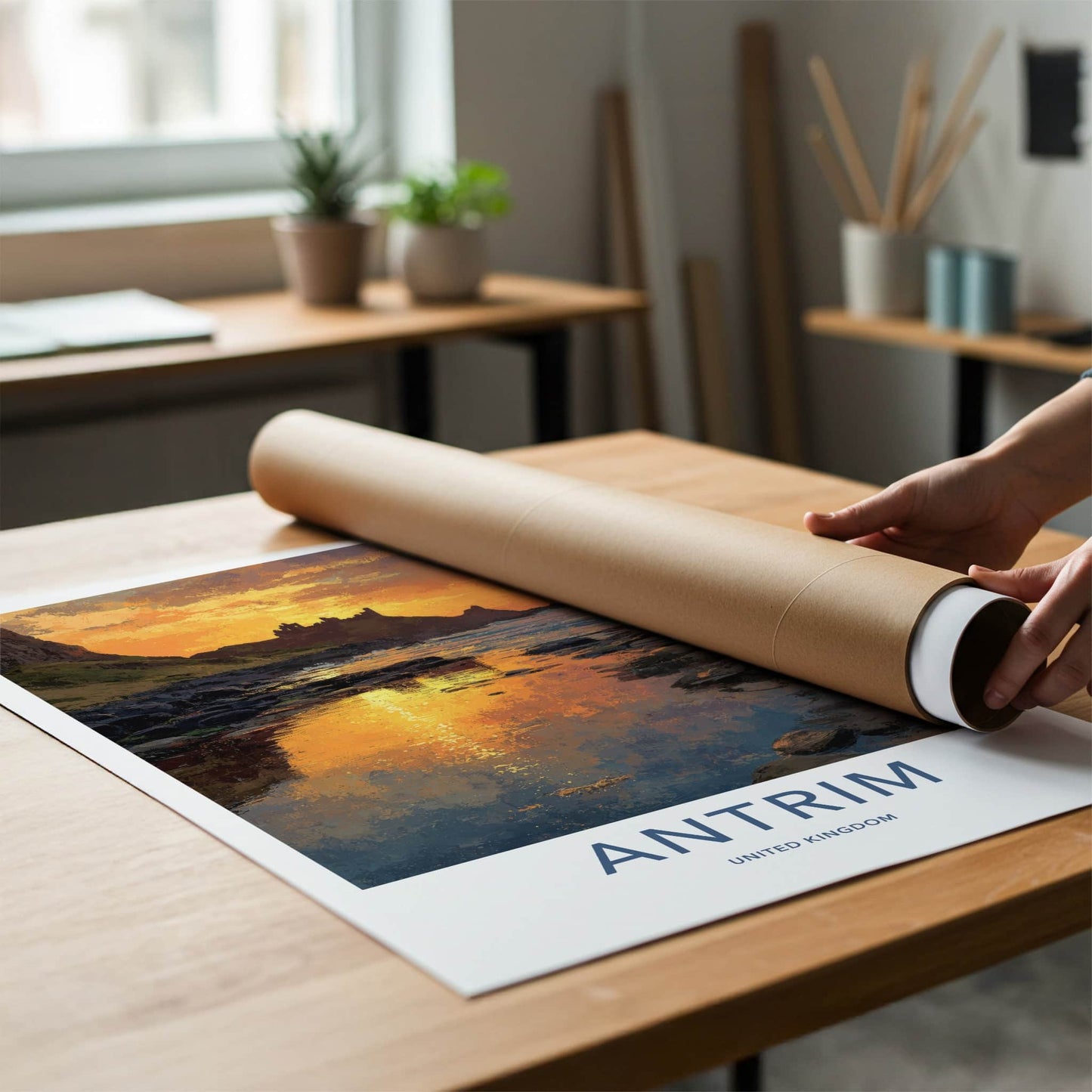 Antrim Poster - United Kingdom Travel Art - Castle Sunset Reflections Wall Decor