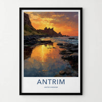 Antrim Poster - United Kingdom Travel Art - Castle Sunset Reflections Wall Decor