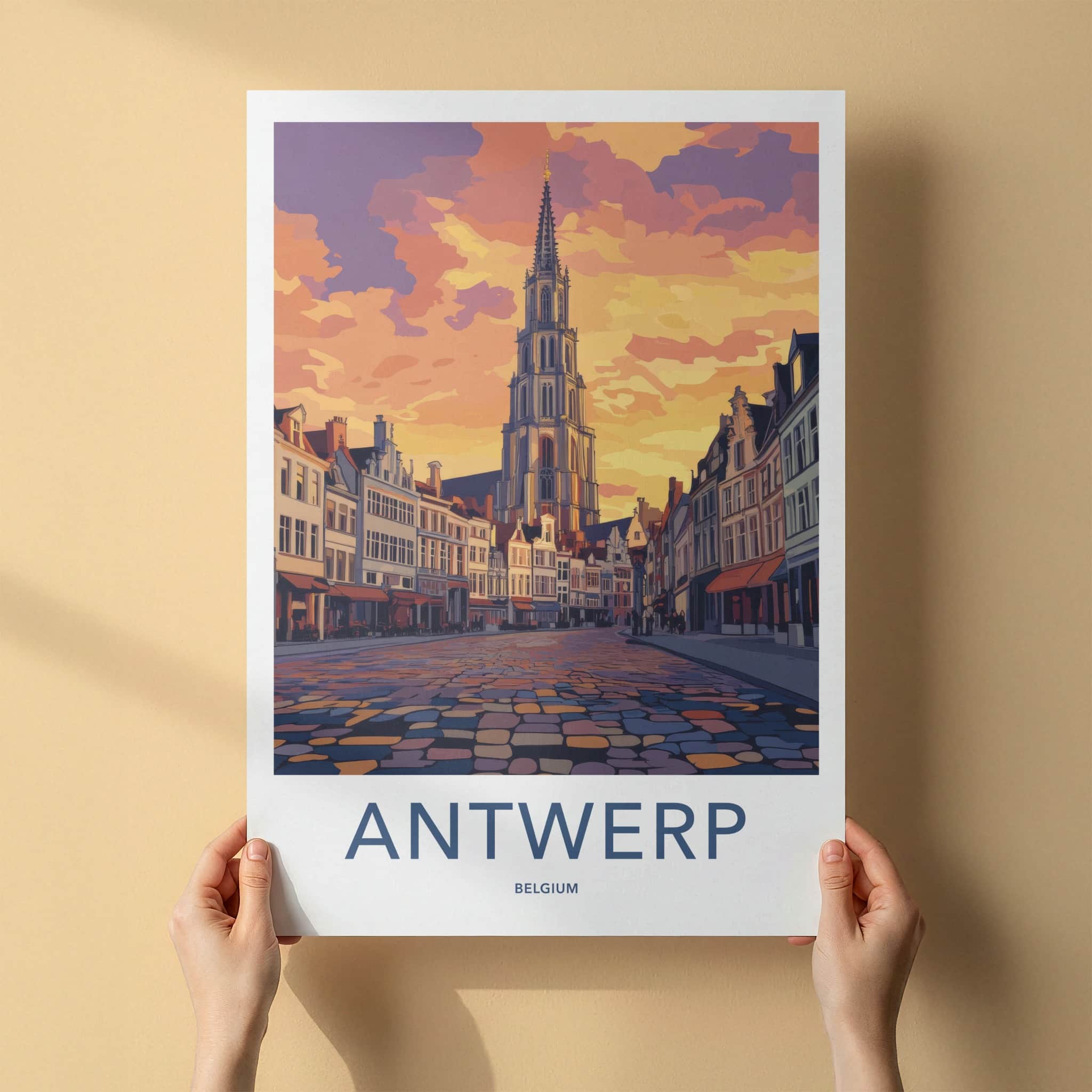 Antwerp Poster - Belgium Travel Art - Cityscape Orange Sunset Home Decor