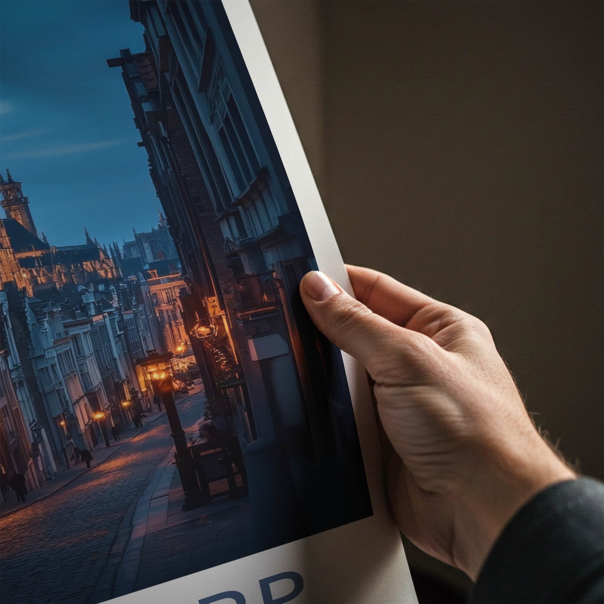 Antwerp Poster - Belgium Travel Art - Cobblestone Street Evening Home Decor