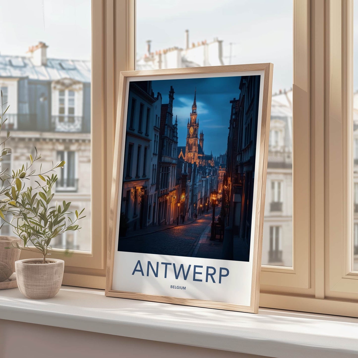 Antwerp Poster - Belgium Travel Art - Cobblestone Street Evening Home Decor