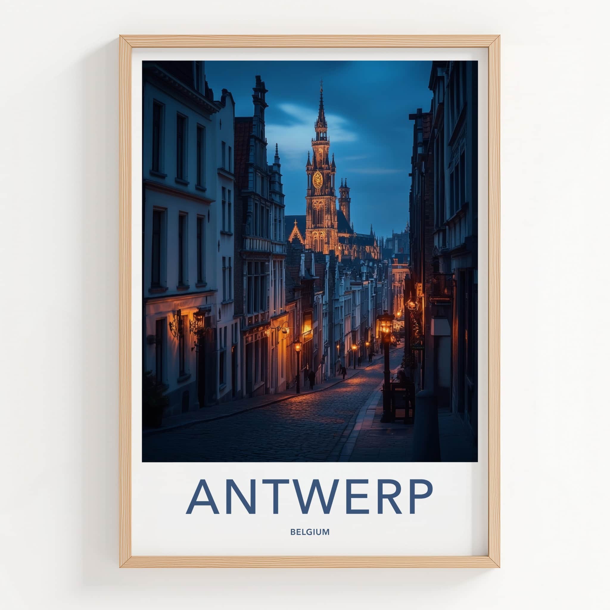 Antwerp Poster - Belgium Travel Art - Cobblestone Street Evening Home Decor