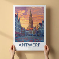 Antwerp Poster - Belgium Travel Art - Gothic Tower Sunset Home Decor