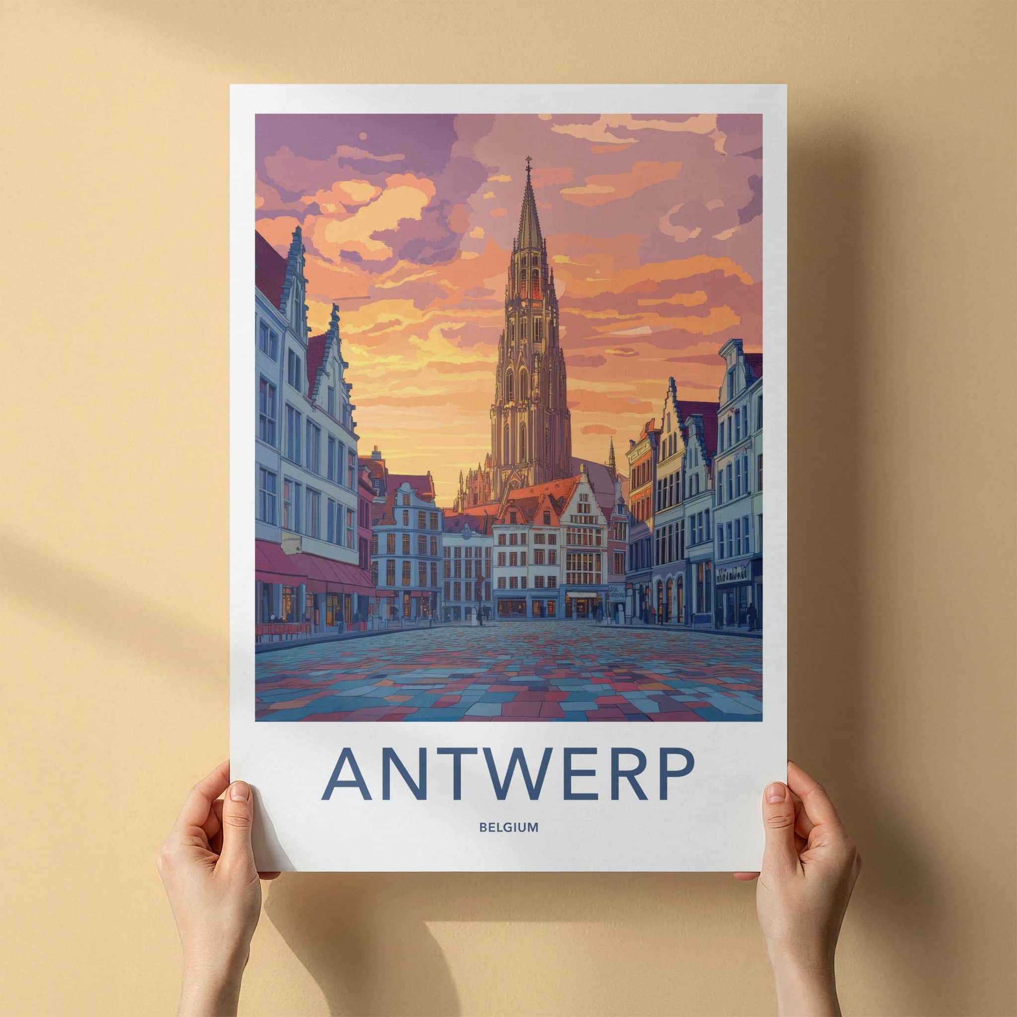 Antwerp Poster - Belgium Travel Art - Gothic Tower Sunset Home Decor