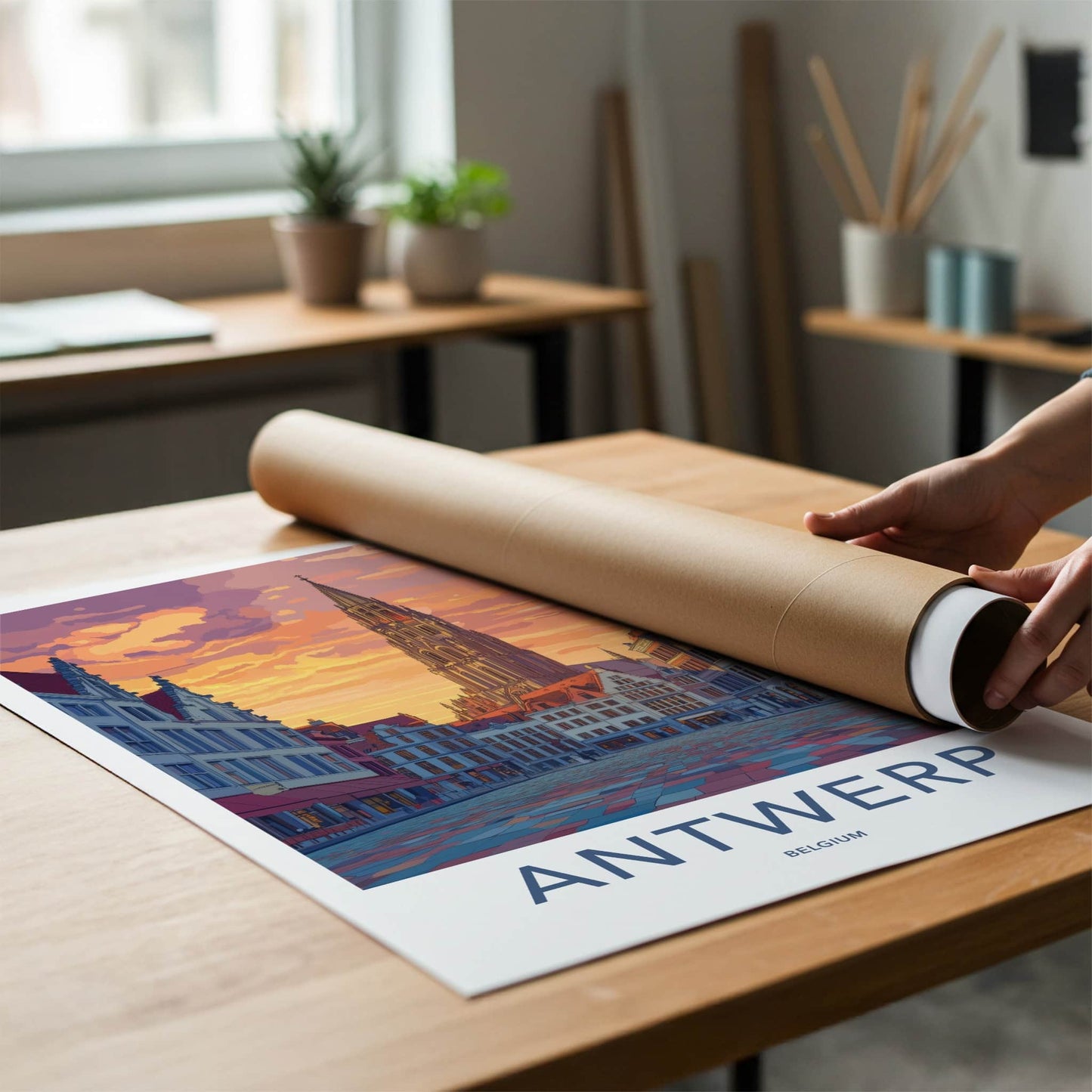 Antwerp Poster - Belgium Travel Art - Gothic Tower Sunset Home Decor