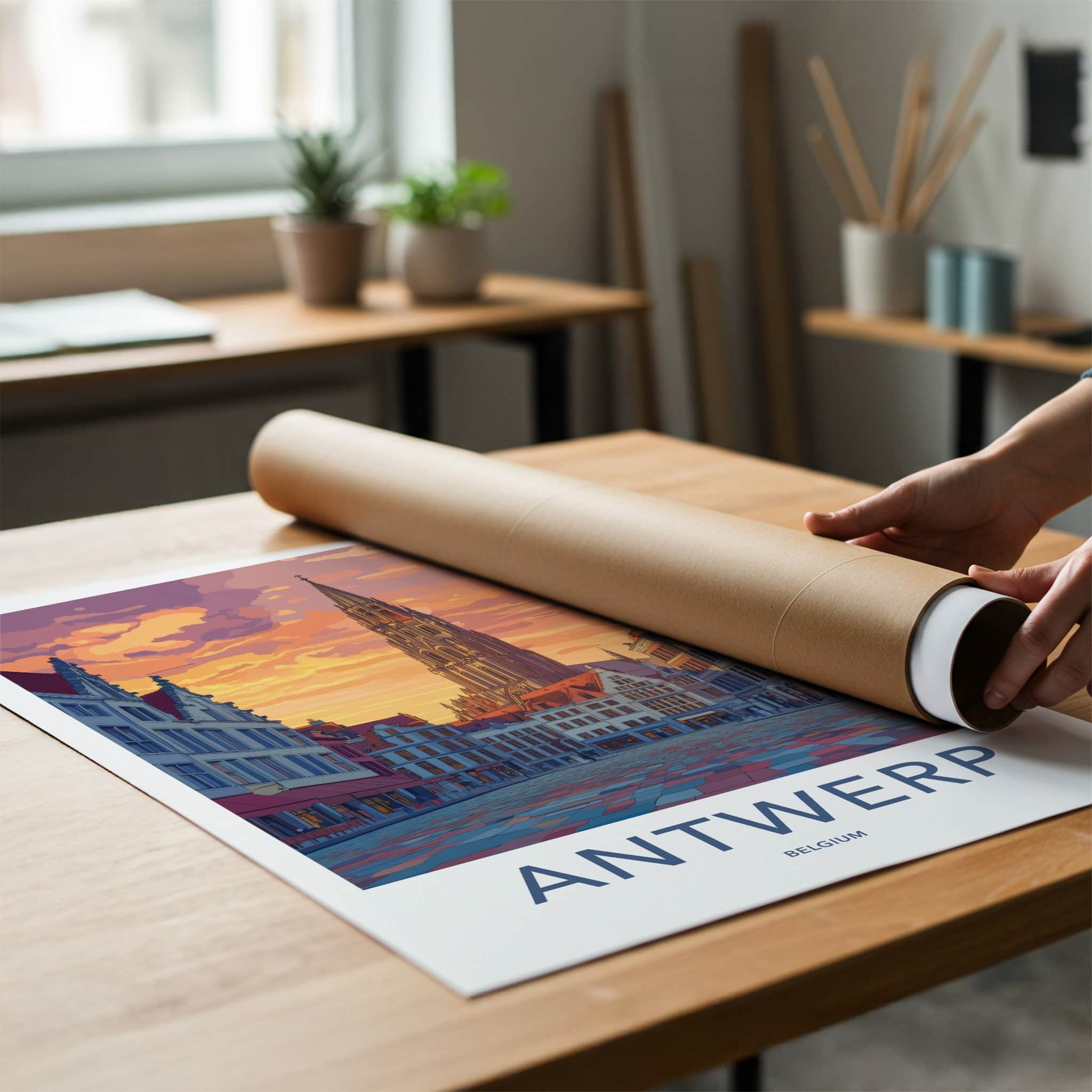 Antwerp Poster - Belgium Travel Art - Gothic Tower Sunset Home Decor