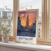Antwerp Poster - Belgium Travel Art - Gothic Tower Sunset Home Decor