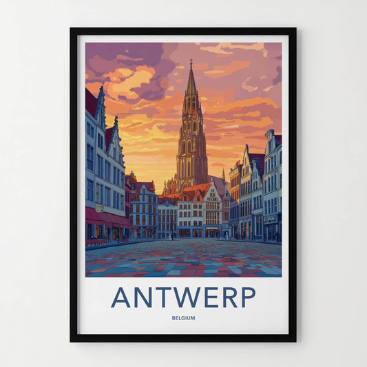 Antwerp Poster - Belgium Travel Art - Gothic Tower Sunset Home Decor