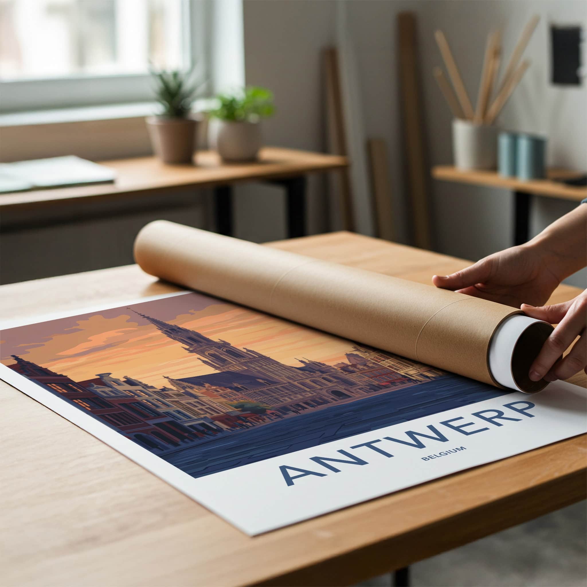 Antwerp Poster - Belgium Travel Art - Grand Hall Sunset Home Decor