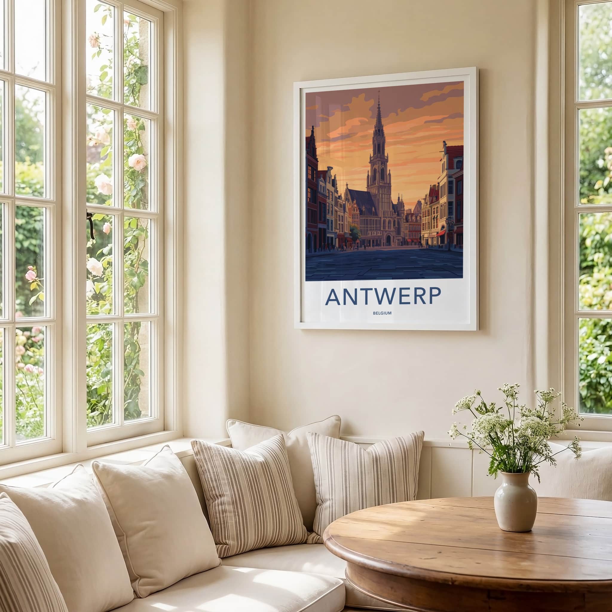 Antwerp Poster - Belgium Travel Art - Grand Hall Sunset Home Decor