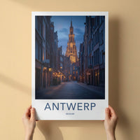 Antwerp Poster - Belgium Travel Art - Illuminated Tower Alley Home Decor