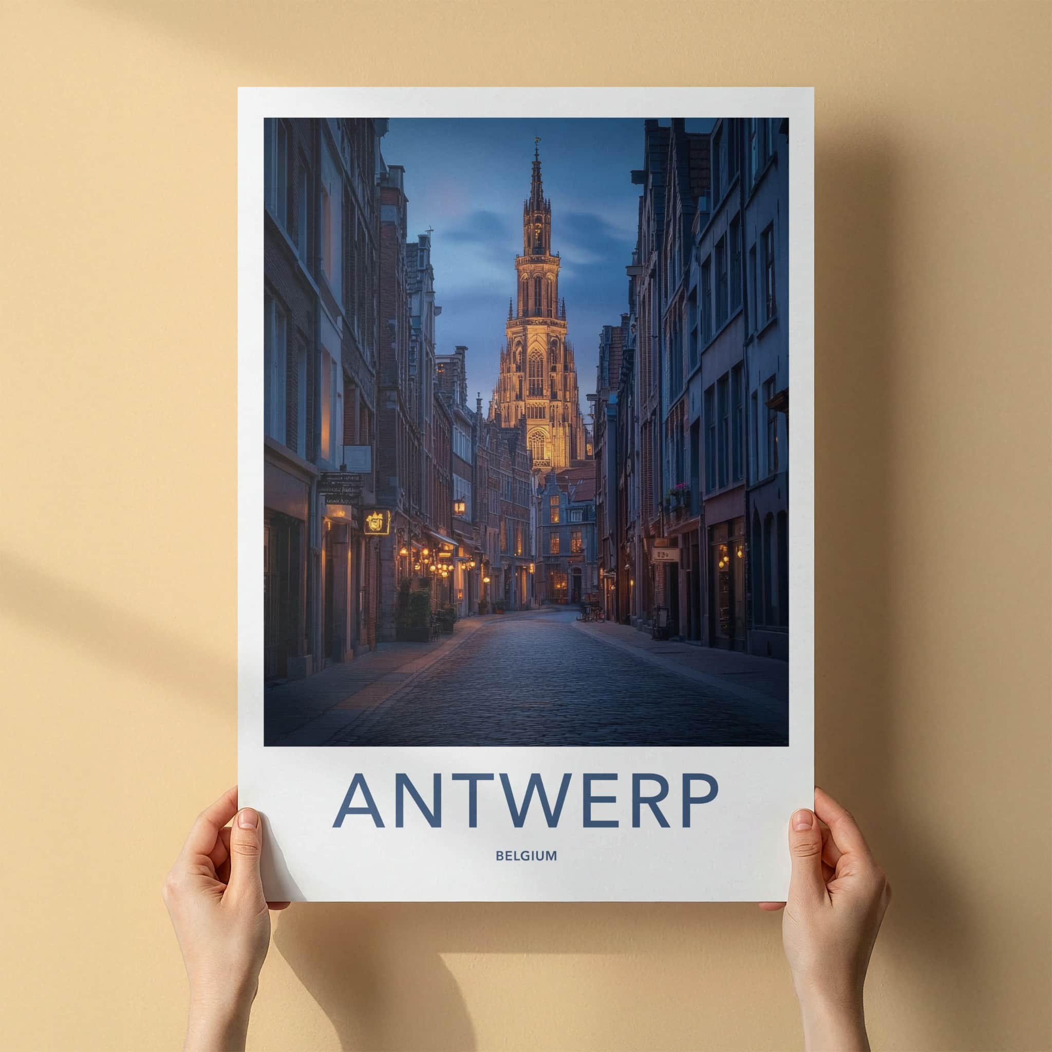 Antwerp Poster - Belgium Travel Art - Illuminated Tower Alley Home Decor