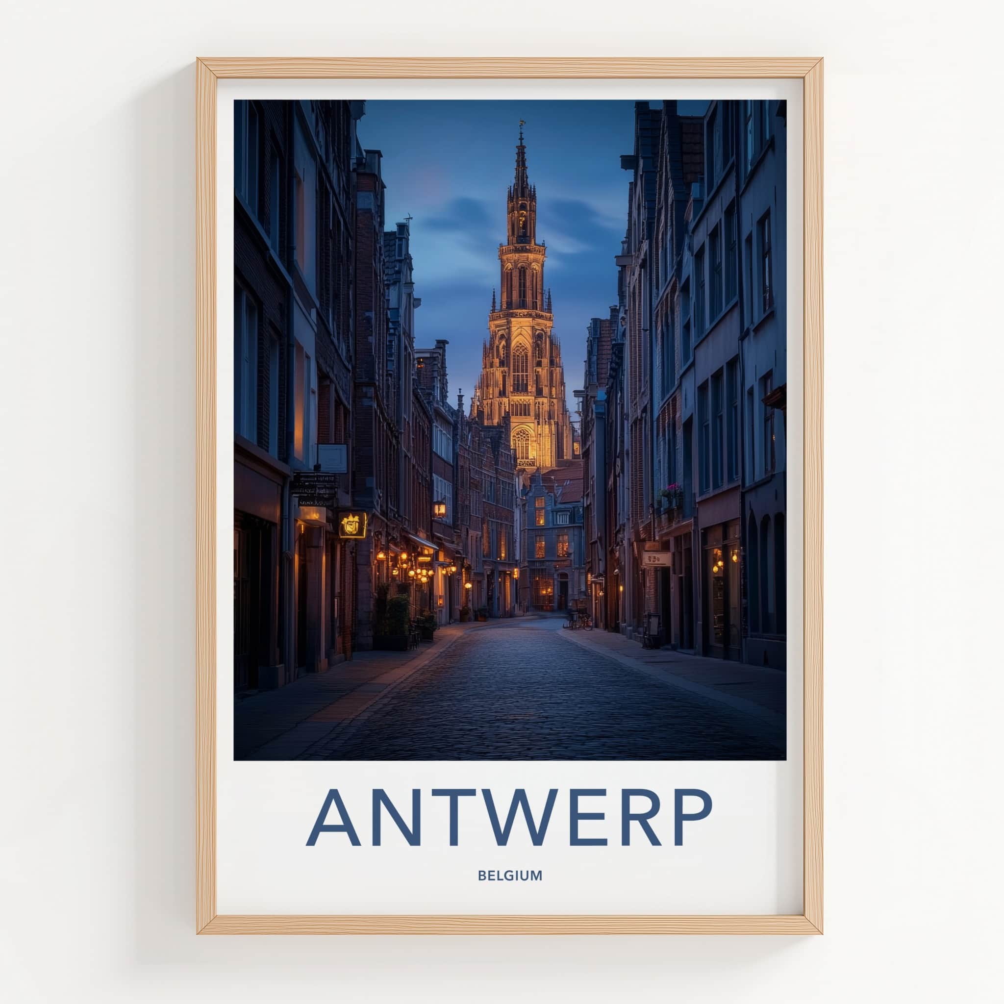 Antwerp Poster - Belgium Travel Art - Illuminated Tower Alley Home Decor