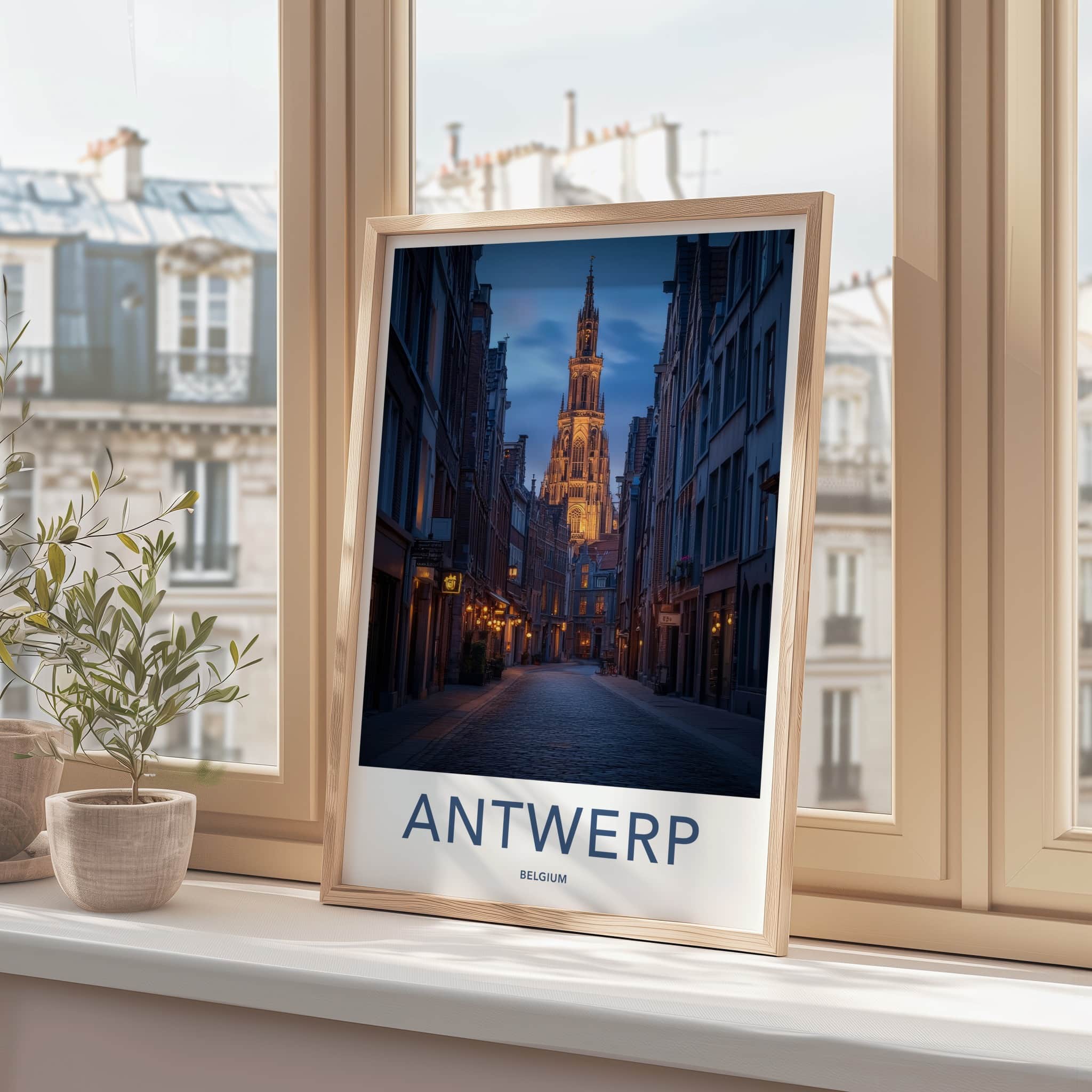 Antwerp Poster - Belgium Travel Art - Illuminated Tower Alley Home Decor