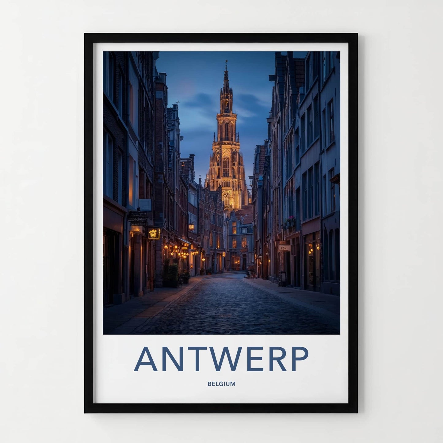Antwerp Poster - Belgium Travel Art - Illuminated Tower Alley Home Decor