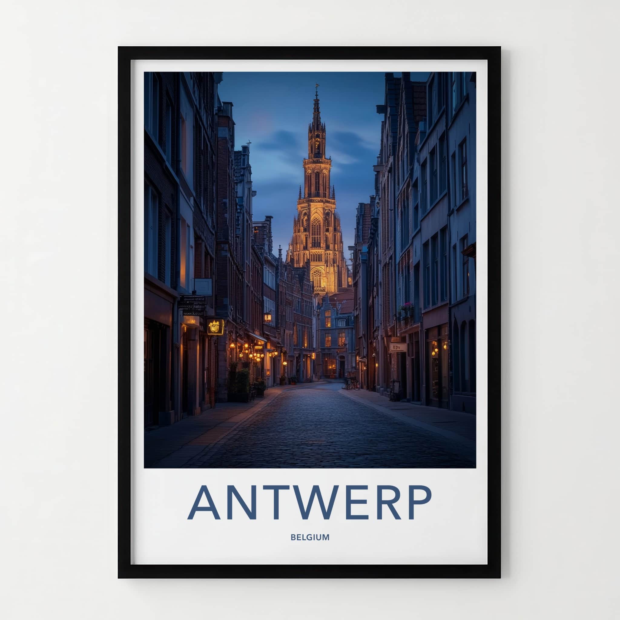 Antwerp Poster - Belgium Travel Art - Illuminated Tower Alley Home Decor