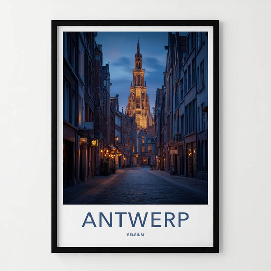 Antwerp Poster - Belgium Travel Art - Illuminated Tower Alley Home Decor