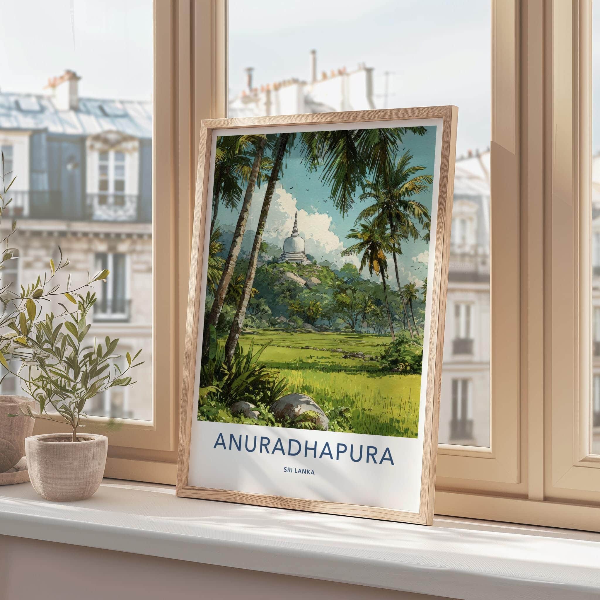 Anuradhapura Poster - Sri Lanka Travel Illustration - Ancient stupa palms Home Decor