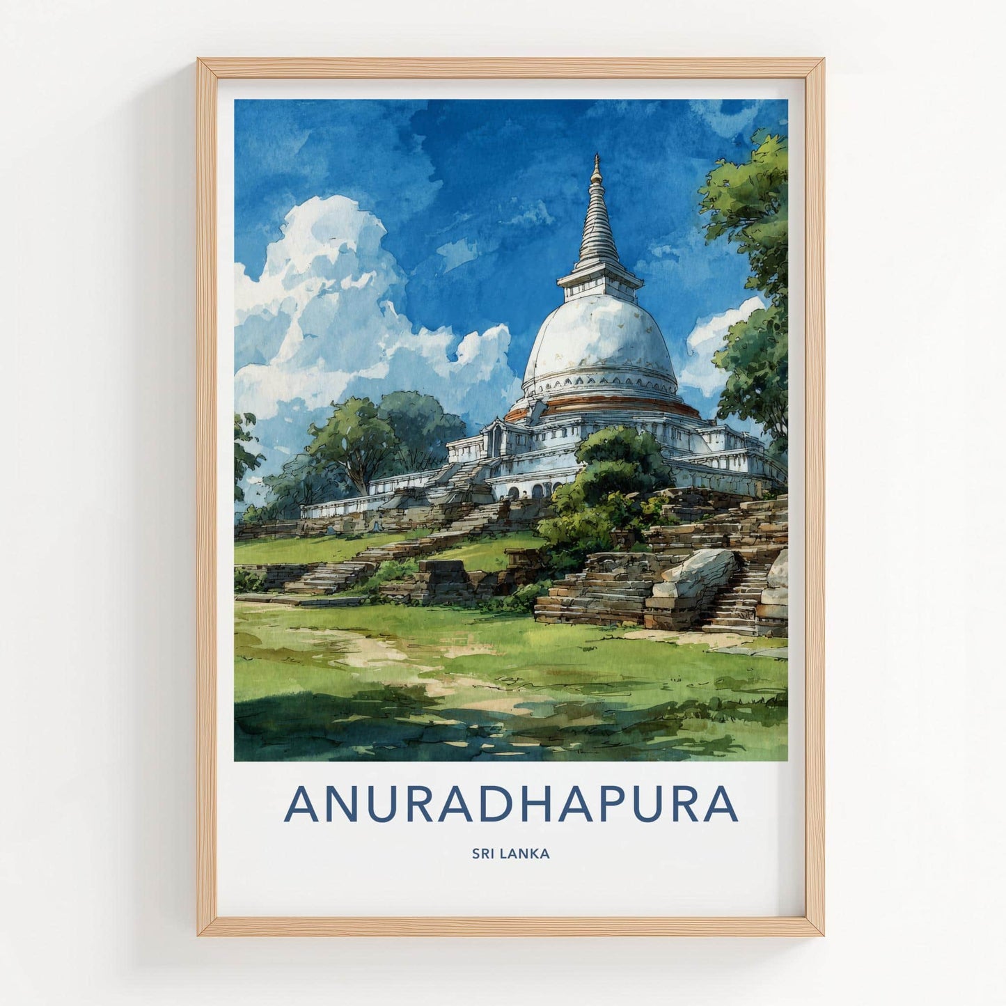 Anuradhapura Poster - Sri Lanka Travel Illustration - Ancient White Stupa Home Decor