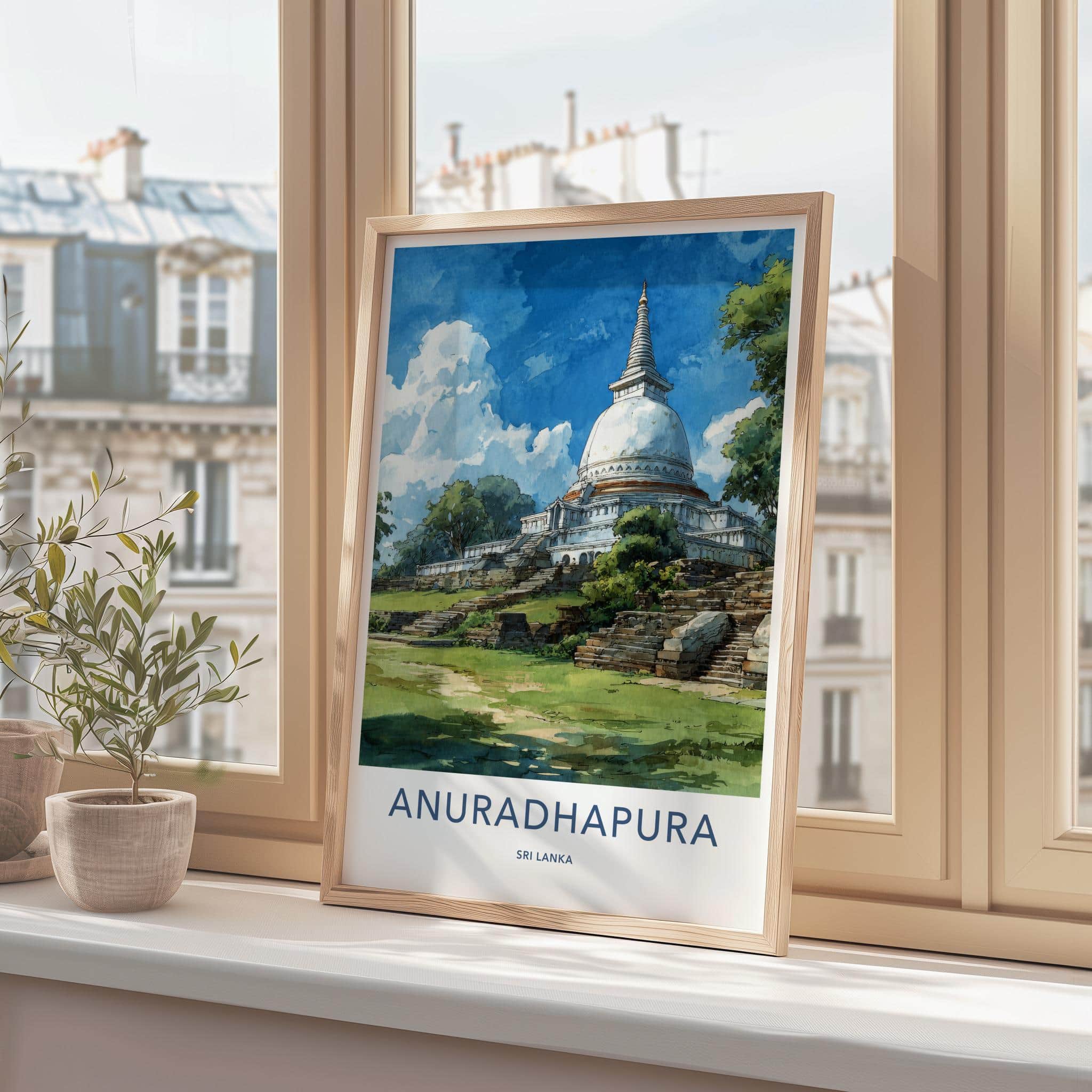 Anuradhapura Poster - Sri Lanka Travel Illustration - Ancient White Stupa Home Decor