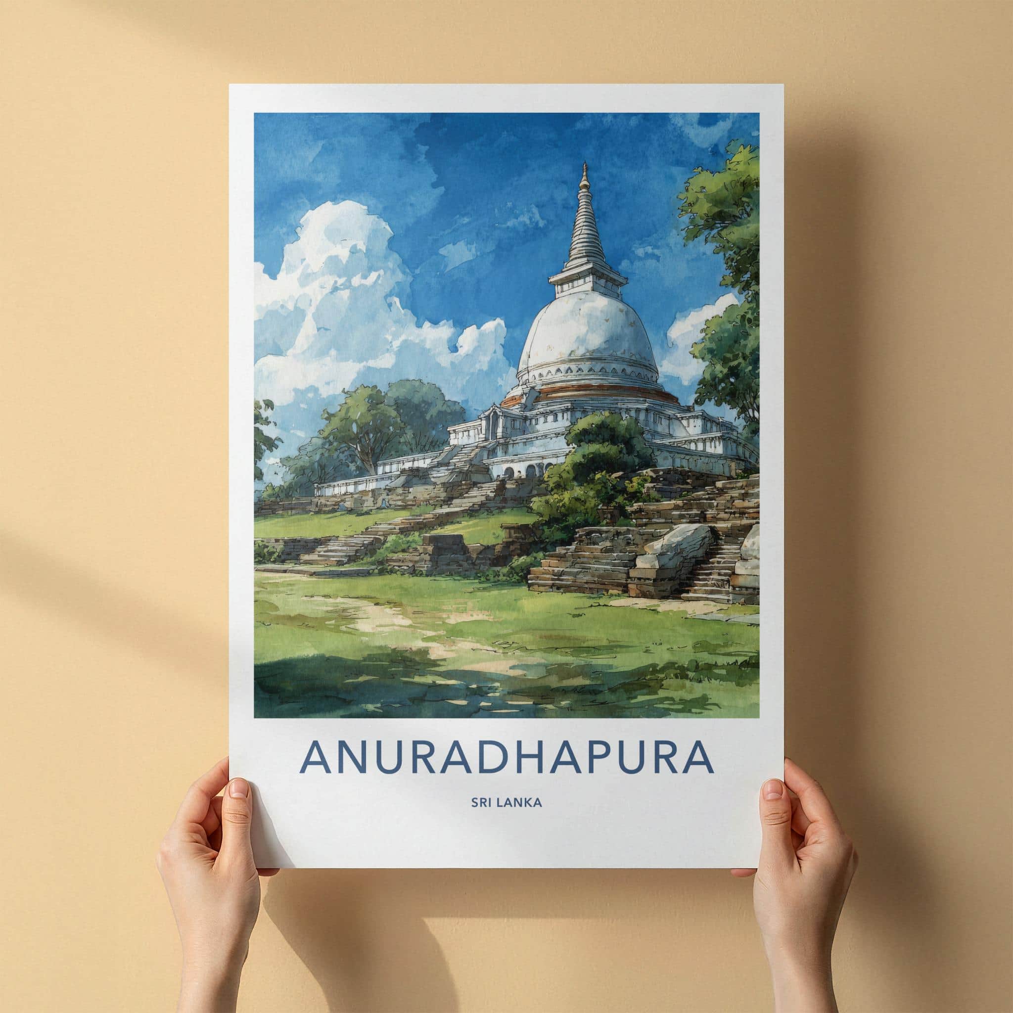 Anuradhapura Poster - Sri Lanka Travel Illustration - Ancient White Stupa Home Decor