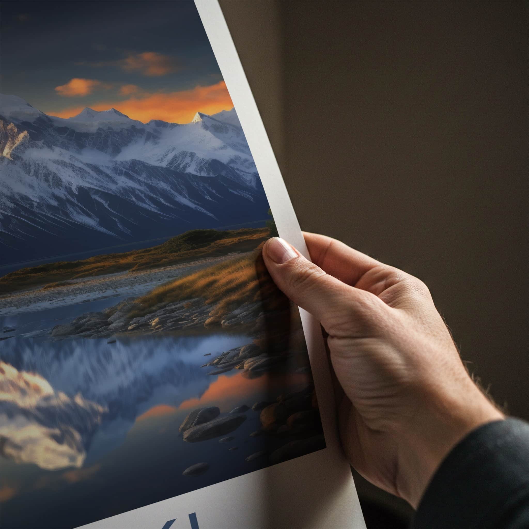 Aoraki Poster - New Zealand Travel Art - Golden Peak Reflection Home Decor