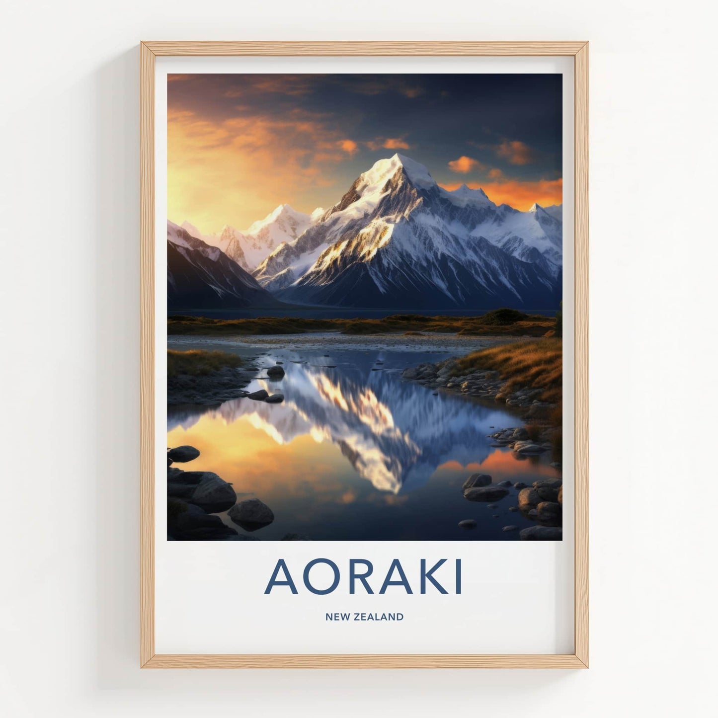Aoraki Poster - New Zealand Travel Art - Golden Peak Reflection Home Decor
