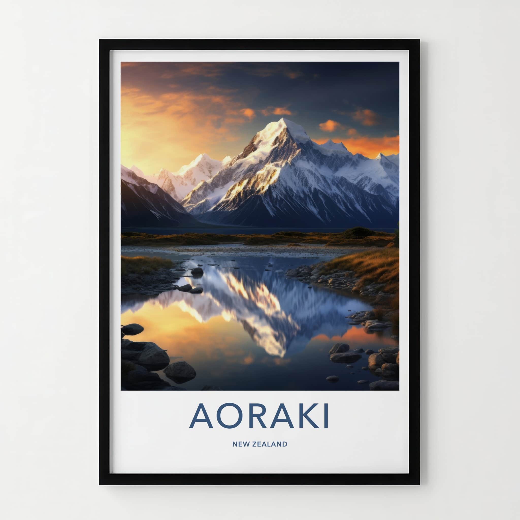 Aoraki Poster - New Zealand Travel Art - Golden Peak Reflection Home Decor