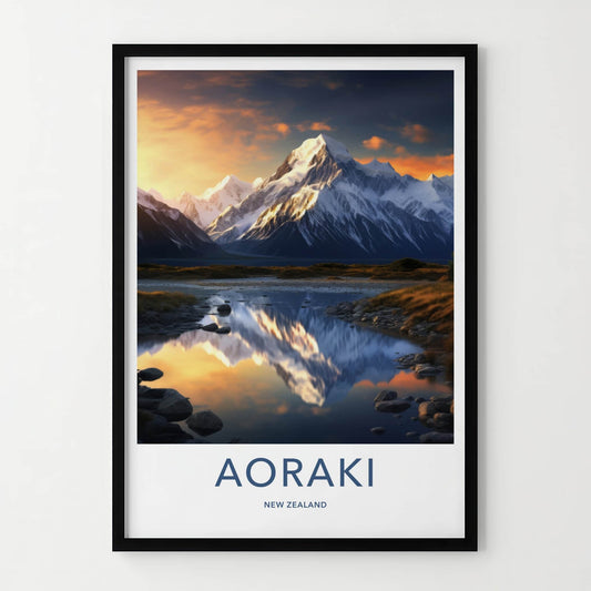 Aoraki Poster - New Zealand Travel Art - Golden Peak Reflection Home Decor