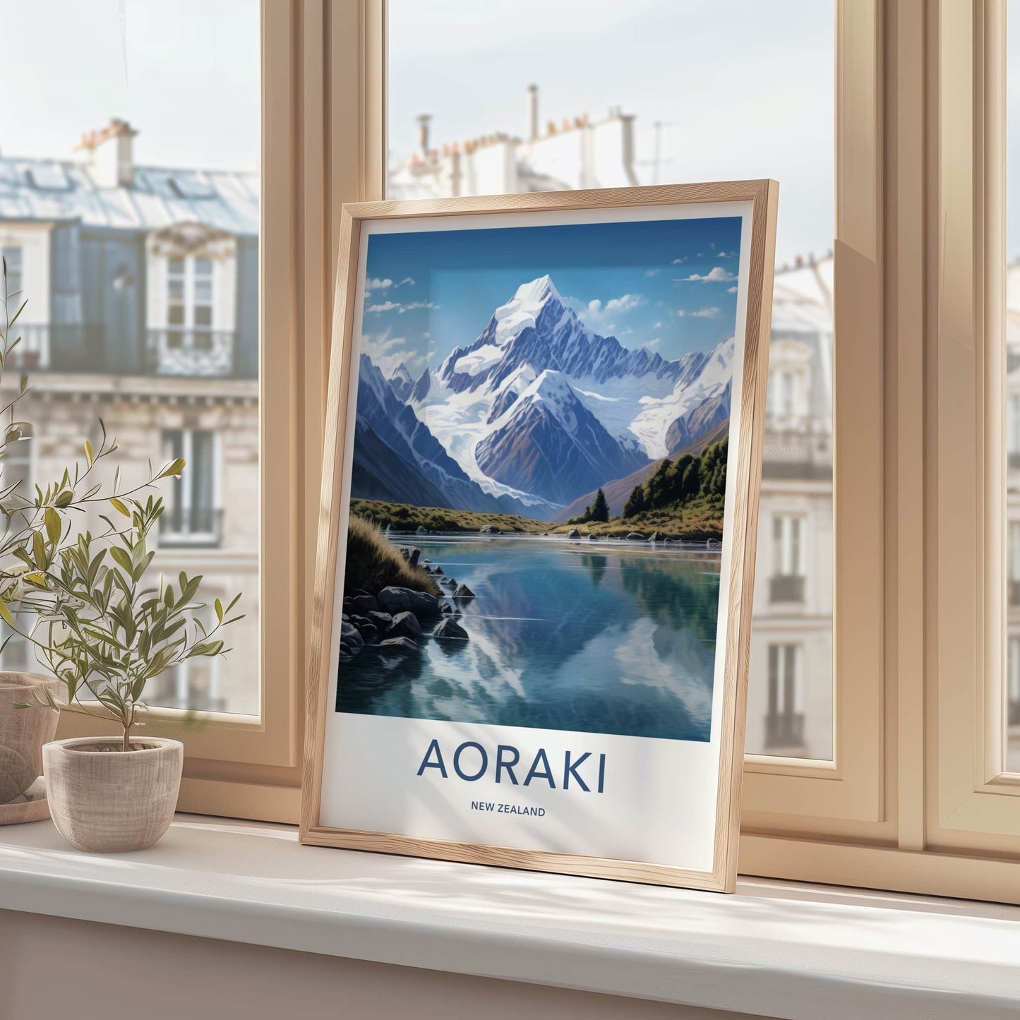 Aoraki Poster - New Zealand Travel Art - Mountain Lake Reflection Home Decor
