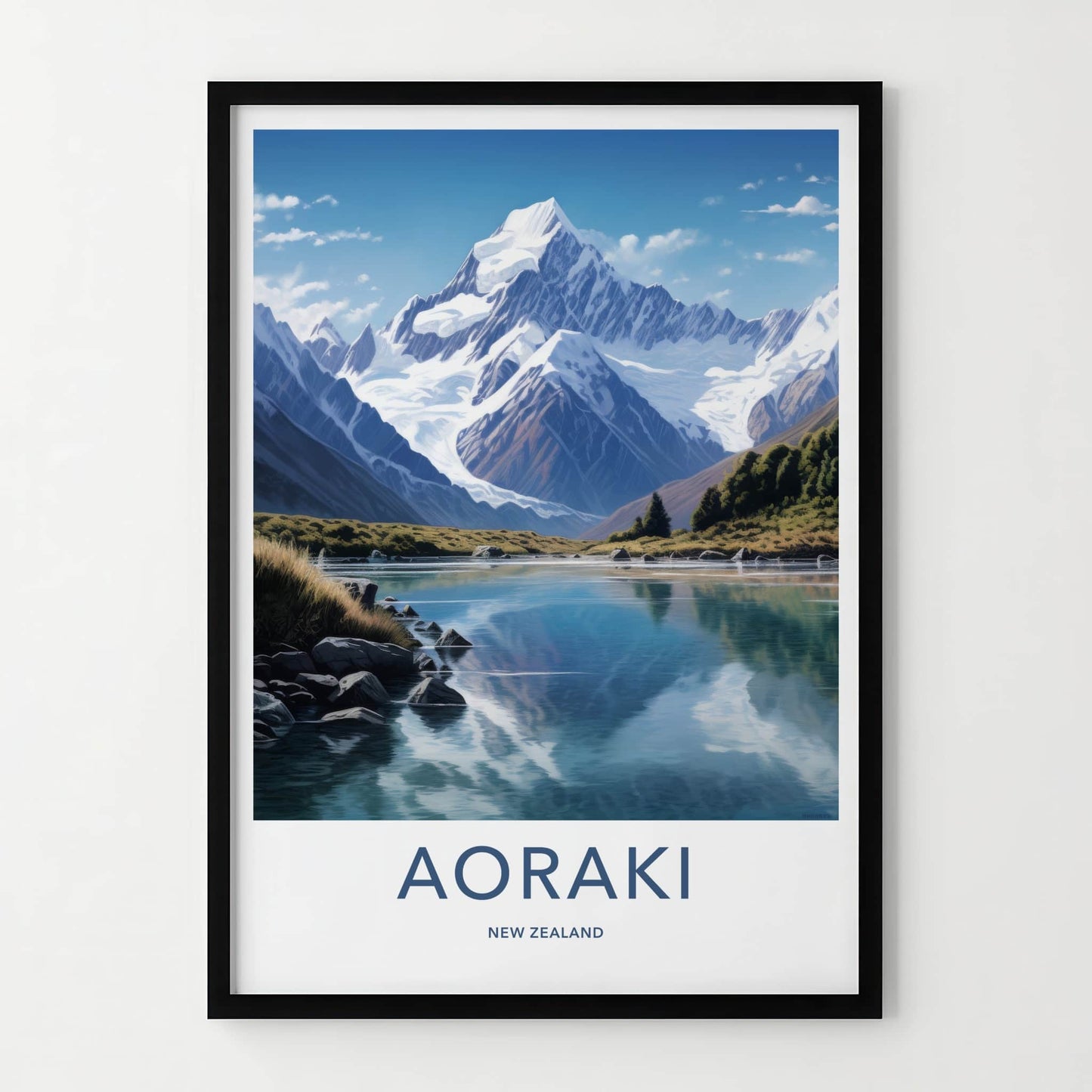 Aoraki Poster - New Zealand Travel Art - Mountain Lake Reflection Home Decor