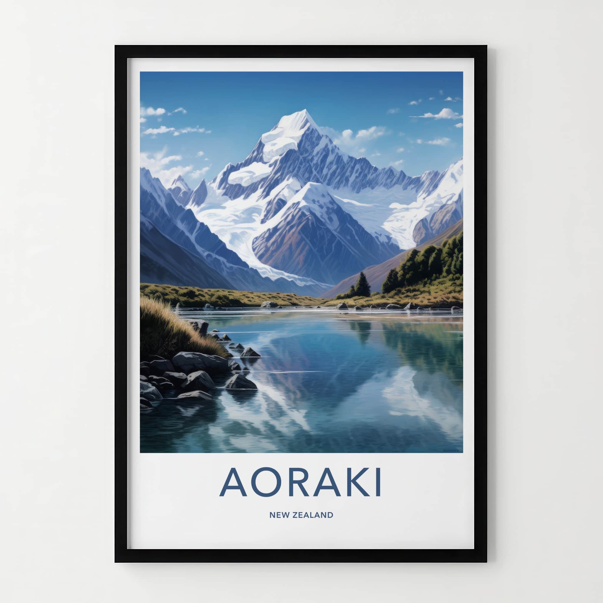 Aoraki Poster - New Zealand Travel Art - Mountain Lake Reflection Home Decor