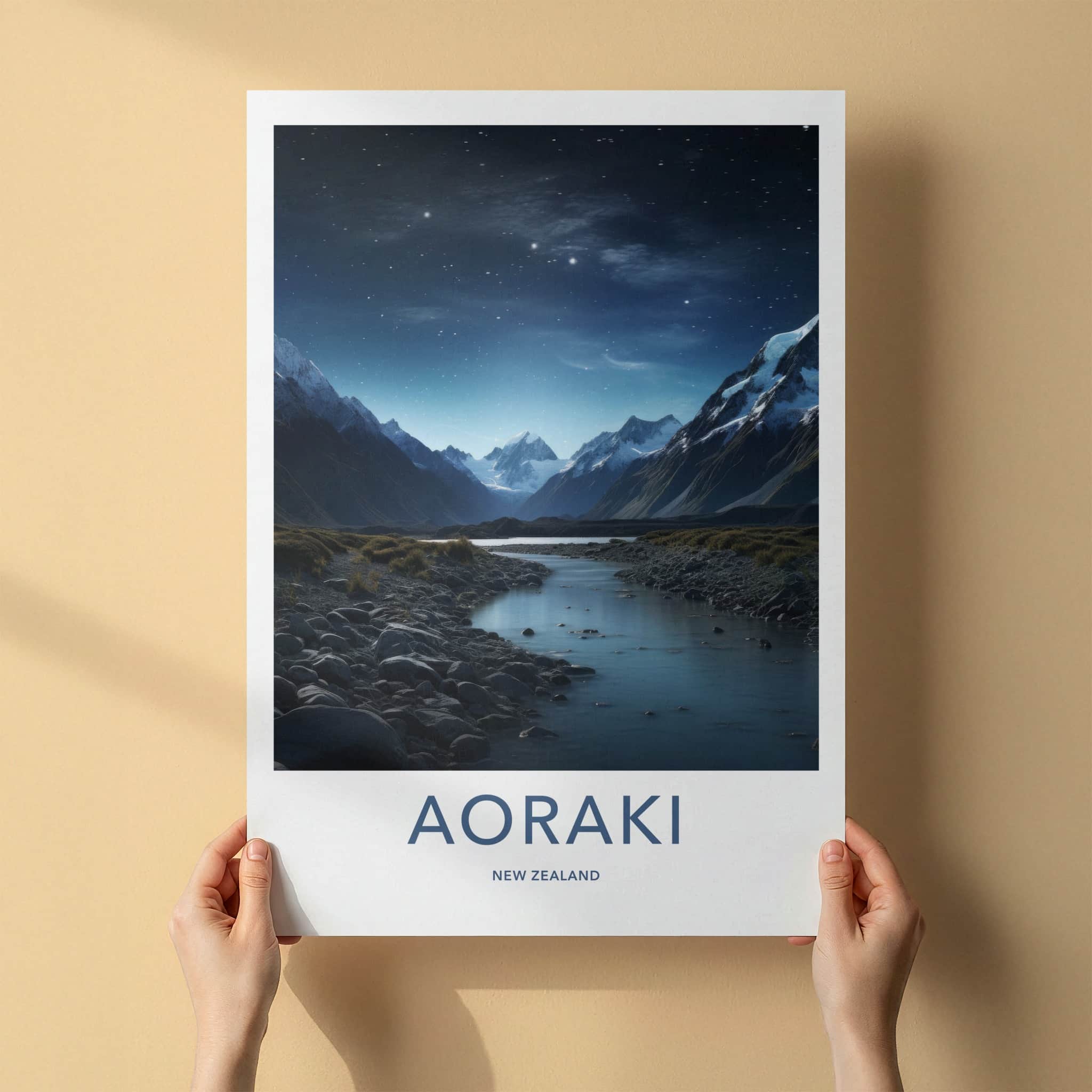 Aoraki Poster - New Zealand Travel Art - Starry Mountain River Home Decor