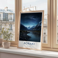 Aoraki Poster - New Zealand Travel Art - Starry Mountain River Home Decor