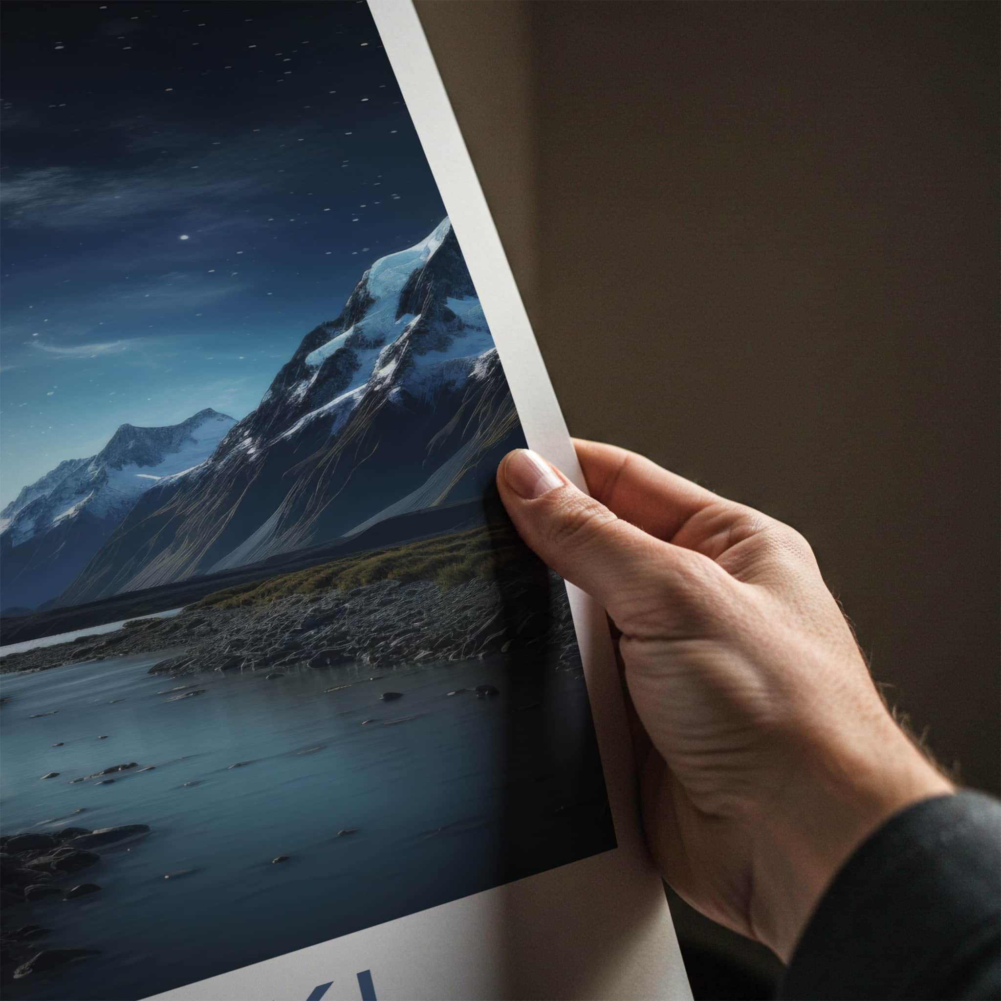 Aoraki Poster - New Zealand Travel Art - Starry Mountain River Home Decor