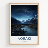 Aoraki Poster - New Zealand Travel Art - Starry Mountain River Home Decor