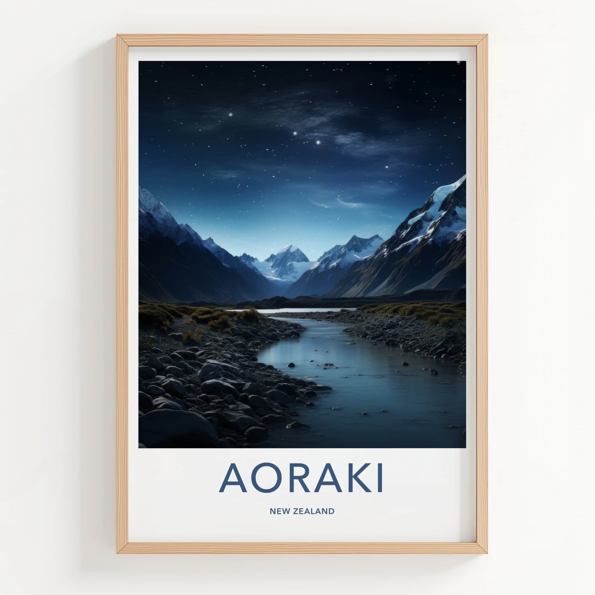 Aoraki Poster - New Zealand Travel Art - Starry Mountain River Home Decor