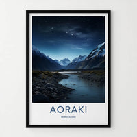 Aoraki Poster - New Zealand Travel Art - Starry Mountain River Home Decor