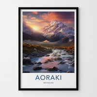 Aoraki Poster - New Zealand Travel Art - Sunset Mountain River Home Decor