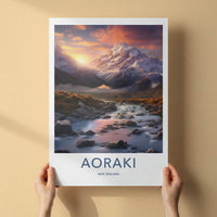 Aoraki Poster - New Zealand Travel Art - Sunset Mountain River Home Decor